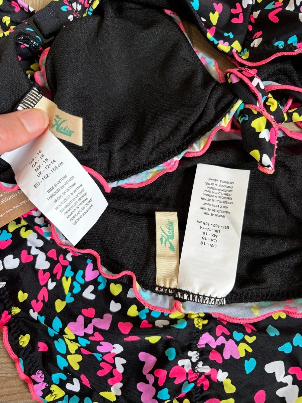 Hobie Flounce Bralette Bikini Top Hipster Bottom Swimsuit Black Hearts A Flutter